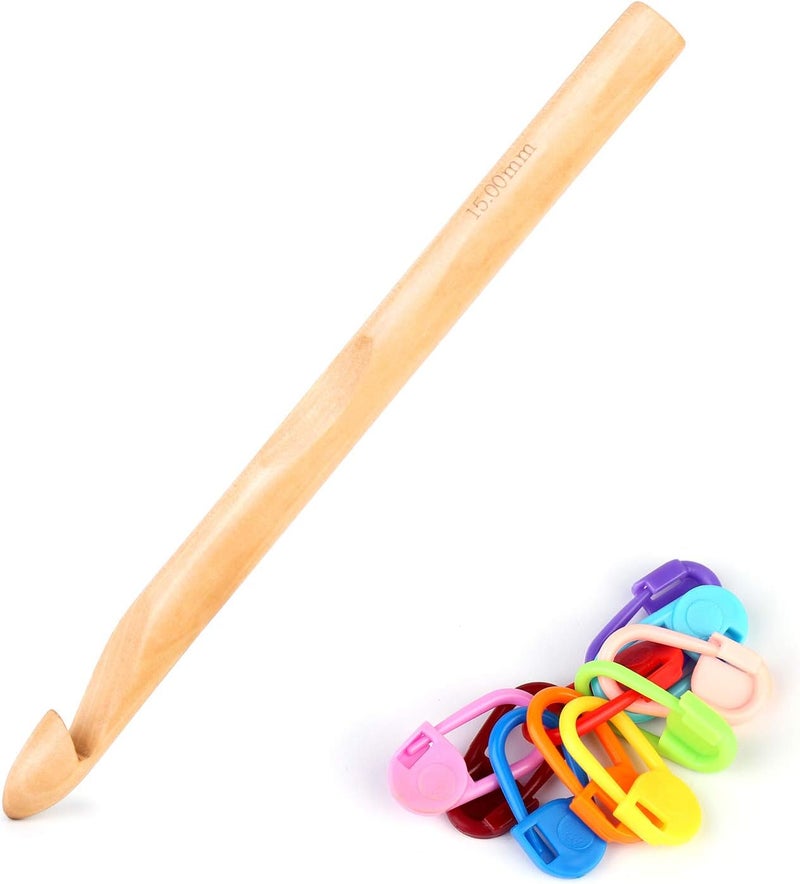 Dercuy Wooden Crochet Hooks, 15mm Wooden Handle Crochet Hook Bamboo Knitting Crochet Needles with 10 pcs Knitting Stitch Markers for Handcraft Crocheting - Image 1
